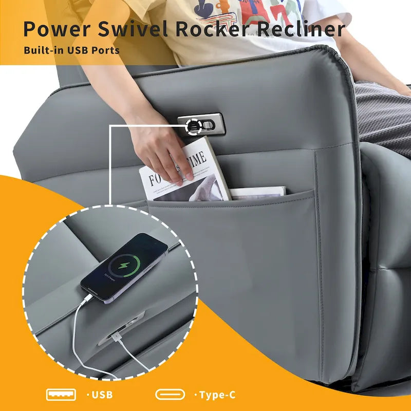 Power 270 Swivel Rocker Recliner Chair with USB Ports, Electric PU Small Recliners for Small Spaces