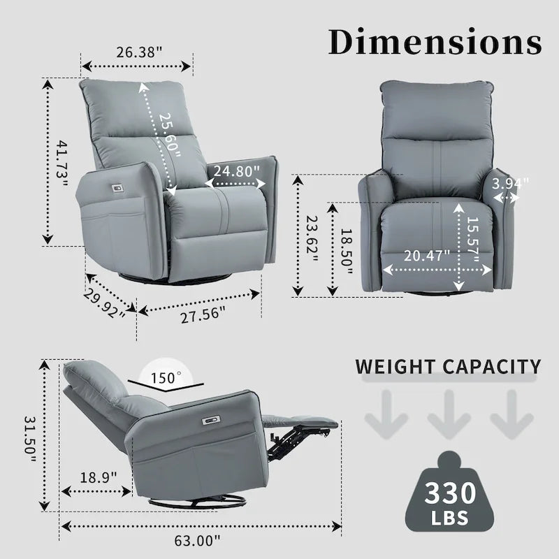 Power 270 Swivel Rocker Recliner Chair with USB Ports, Electric PU Small Recliners for Small Spaces