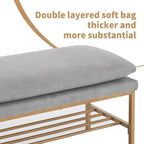 End of Bed Bench with Shelf, Linen Upholstered Storage Shoe Bench, Modern Bedroom Bench with Metal Legs