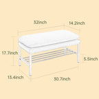 End of Bed Bench with Shelf, Linen Upholstered Storage Shoe Bench, Modern Bedroom Bench with Metal Legs