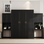 Queen Size Murphy Bed Wall Bed with Desk, Mirror and Vanity, Wooden Foldable Murphy Cabinet Bed with Storage Cabinets