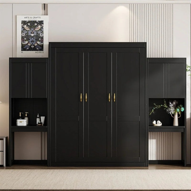 Queen Size Murphy Bed Wall Bed with Desk, Mirror and Vanity, Wooden Foldable Murphy Cabinet Bed with Storage Cabinets