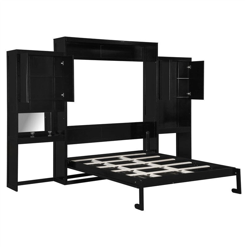 Queen Size Murphy Bed Wall Bed with Desk, Mirror and Vanity, Wooden Foldable Murphy Cabinet Bed with Storage Cabinets
