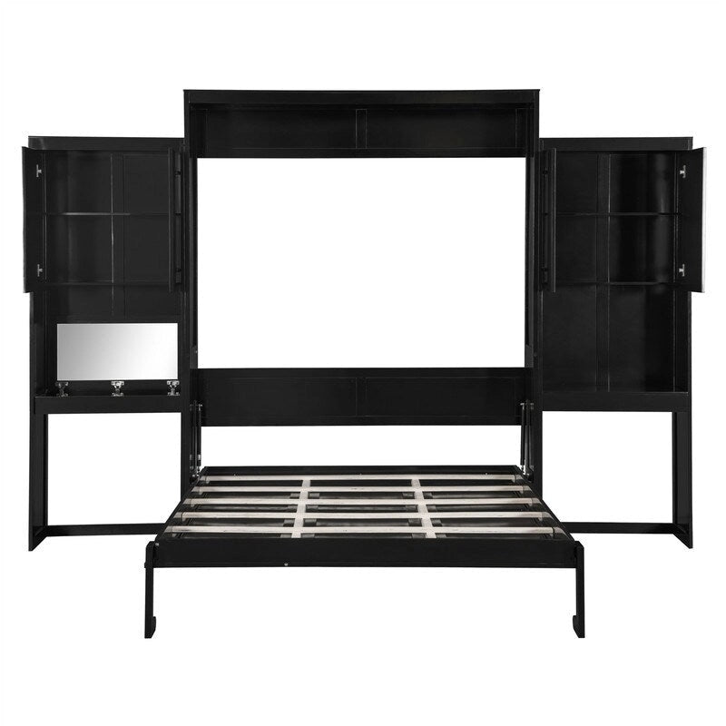 Queen Size Murphy Bed Wall Bed with Desk, Mirror and Vanity, Wooden Foldable Murphy Cabinet Bed with Storage Cabinets