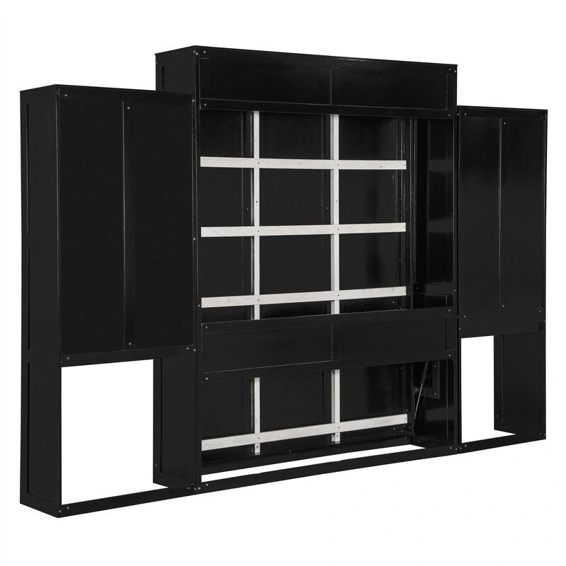Queen Size Murphy Bed Wall Bed with Desk, Mirror and Vanity, Wooden Foldable Murphy Cabinet Bed with Storage Cabinets