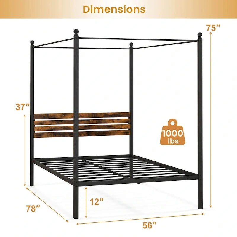 Gymax Twin/Full/Queen Size 4-Post Canopy Bed Frame Rustproof Metal