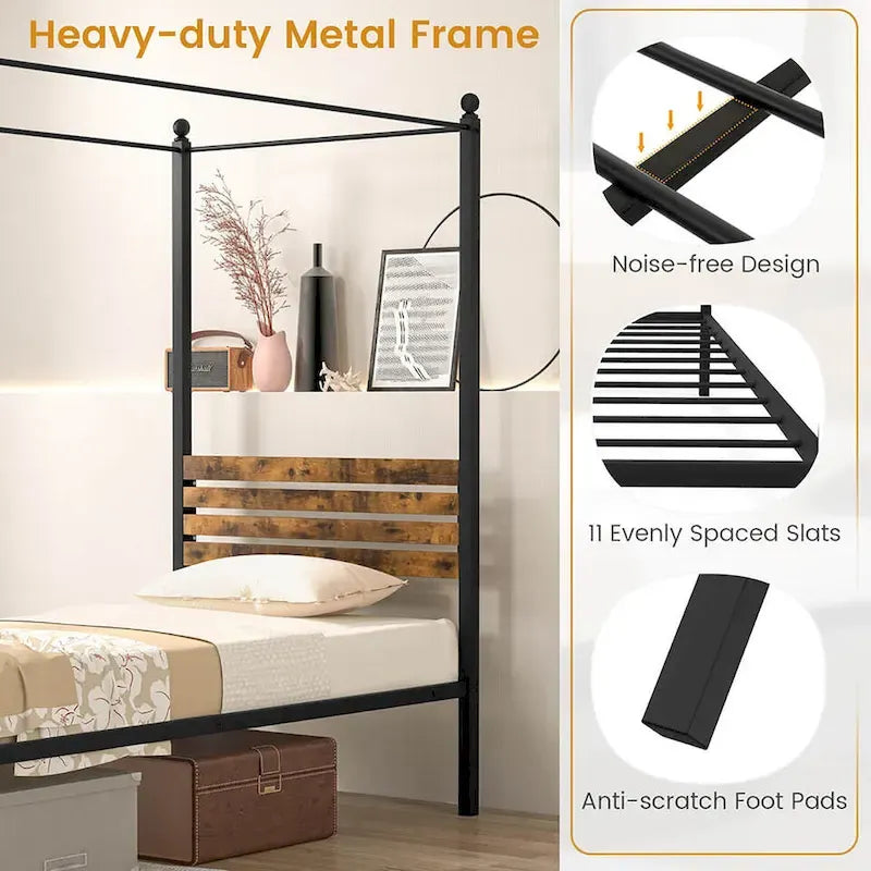 Gymax Twin/Full/Queen Size 4-Post Canopy Bed Frame Rustproof Metal