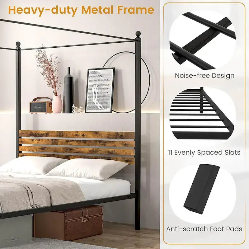 Gymax Twin/Full/Queen Size 4-Post Canopy Bed Frame Rustproof Metal