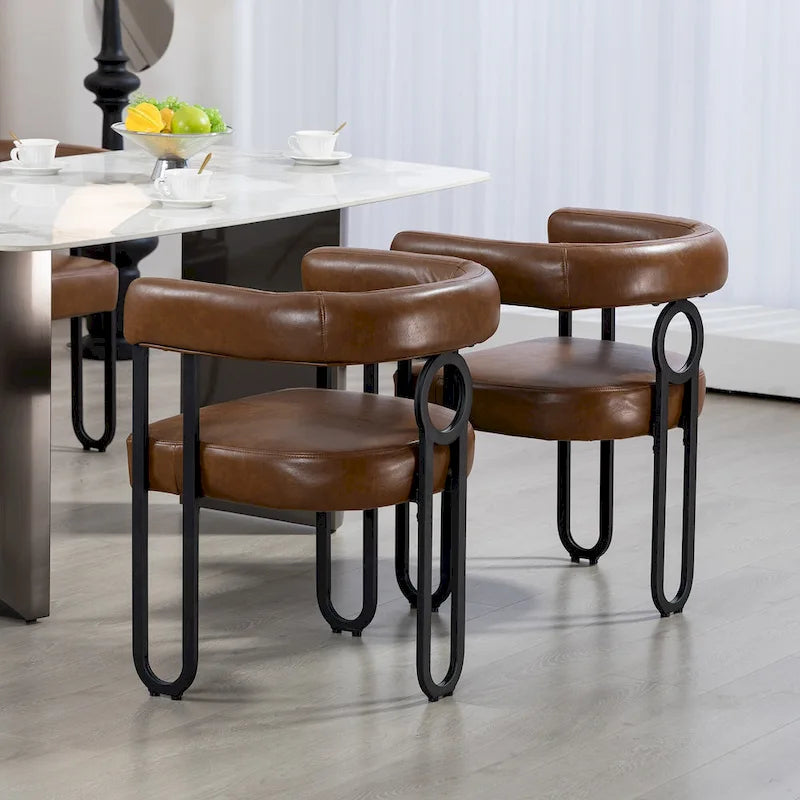 Contemporary PU Dining Chair set of 2, Barrel Chair with Matte Black Metal Legs and Round Thickened Cushion