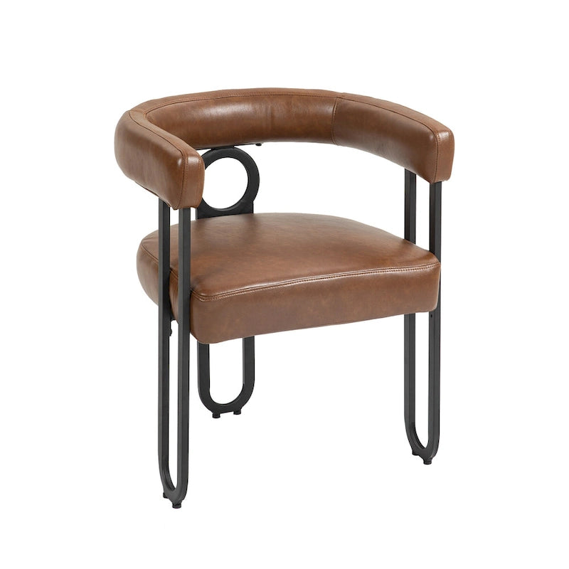 Contemporary PU Dining Chair set of 2, Barrel Chair with Matte Black Metal Legs and Round Thickened Cushion