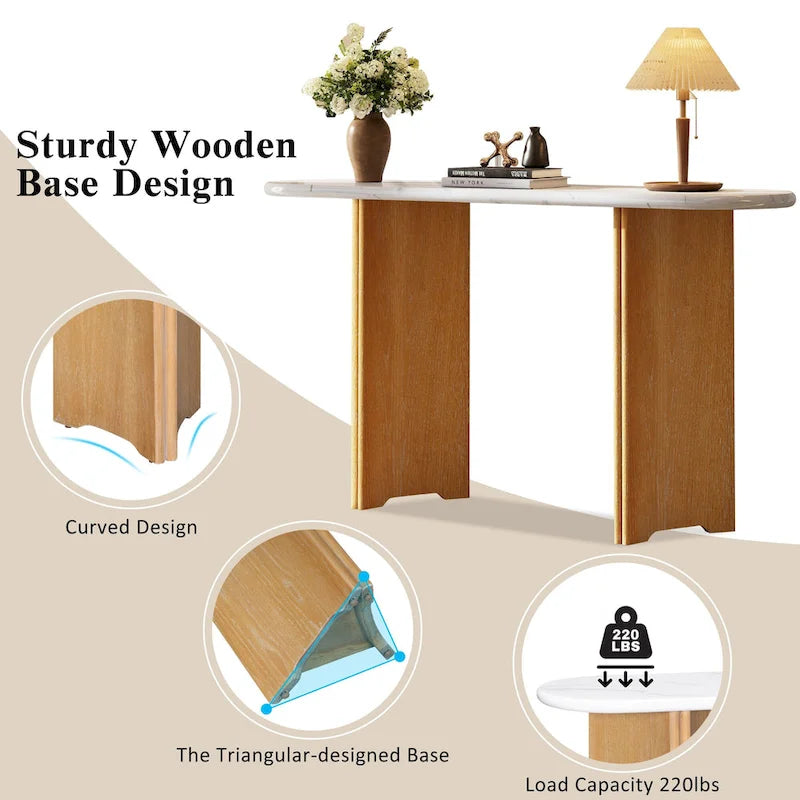Oval Faux Marble Top Console Table Entryway Table, Narrow Sofa Table Hallway Accent Table with Triangular Base