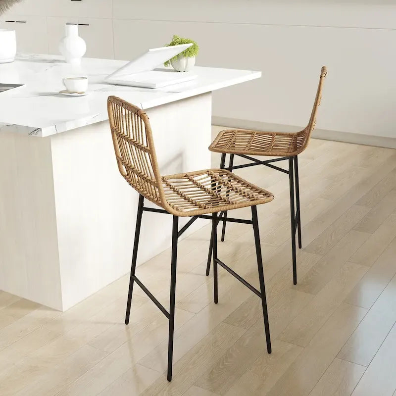 HOMCOM Rattan Counter Height Bar Stools Set of 2, 26 Wicker Barstools with Back, Modern Bar Chairs for Kitchen Island, Black