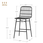 HOMCOM Rattan Counter Height Bar Stools Set of 2, 26 Wicker Barstools with Back, Modern Bar Chairs for Kitchen Island, Black