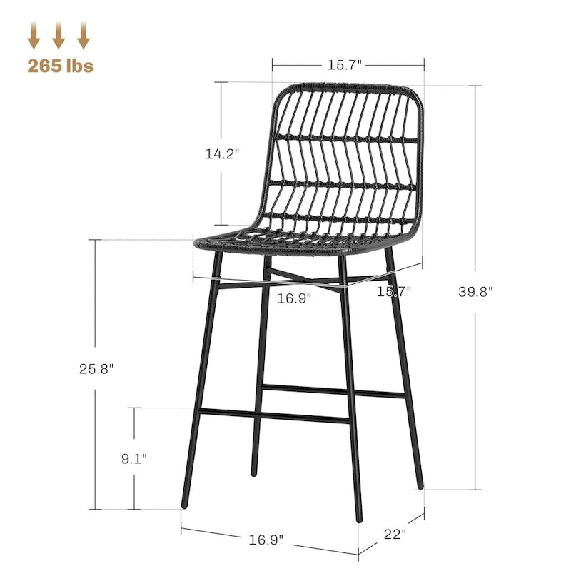 HOMCOM Rattan Counter Height Bar Stools Set of 2, 26 Wicker Barstools with Back, Modern Bar Chairs for Kitchen Island, Black