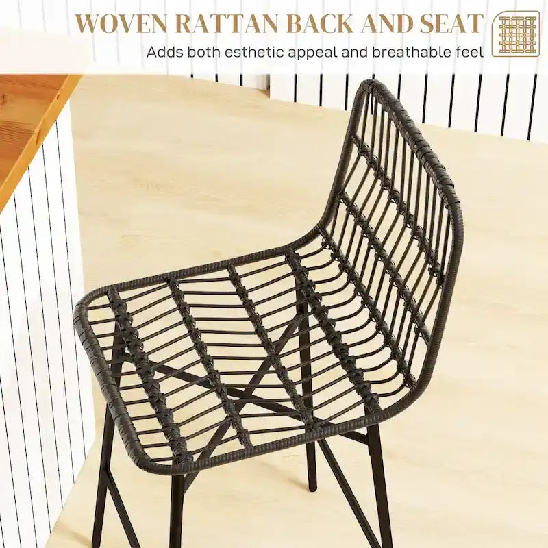 HOMCOM Rattan Counter Height Bar Stools Set of 2, 26 Wicker Barstools with Back, Modern Bar Chairs for Kitchen Island, Black