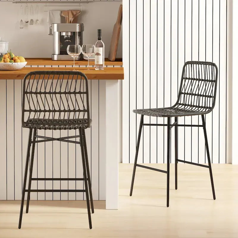 HOMCOM Rattan Counter Height Bar Stools Set of 2, 26 Wicker Barstools with Back, Modern Bar Chairs for Kitchen Island, Black