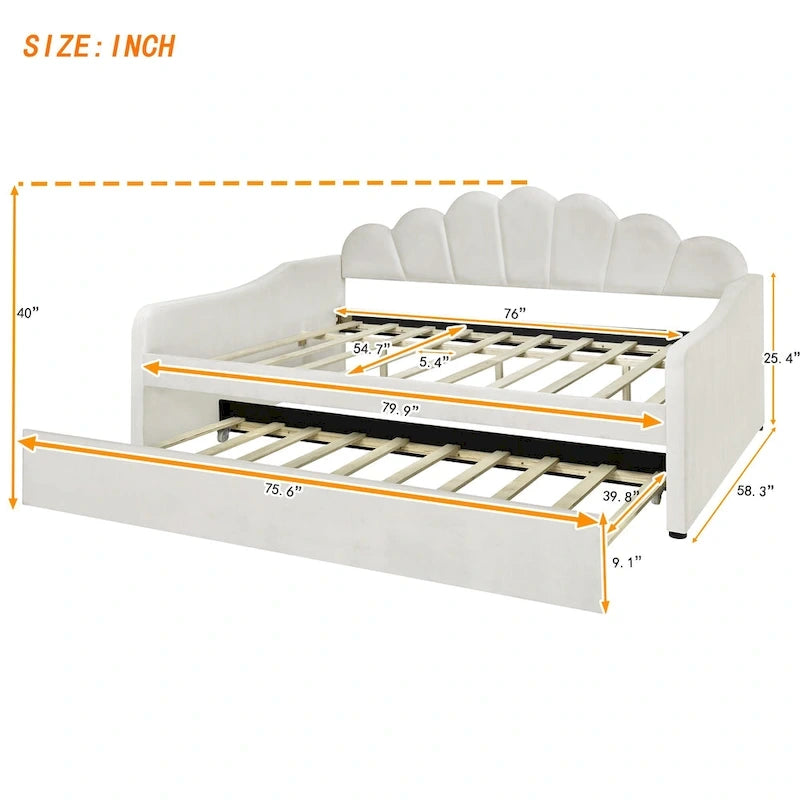 White Full Size Upholstery Daybed with Shall Shaped Backrest and Trundle for Bedroom