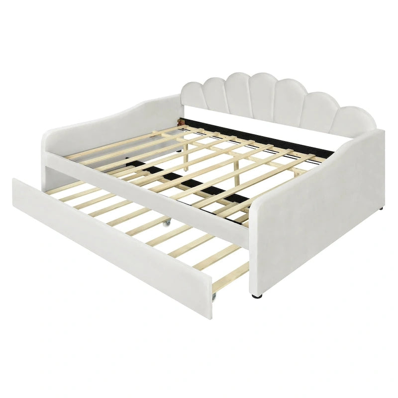 White Full Size Upholstery Daybed with Shall Shaped Backrest and Trundle for Bedroom