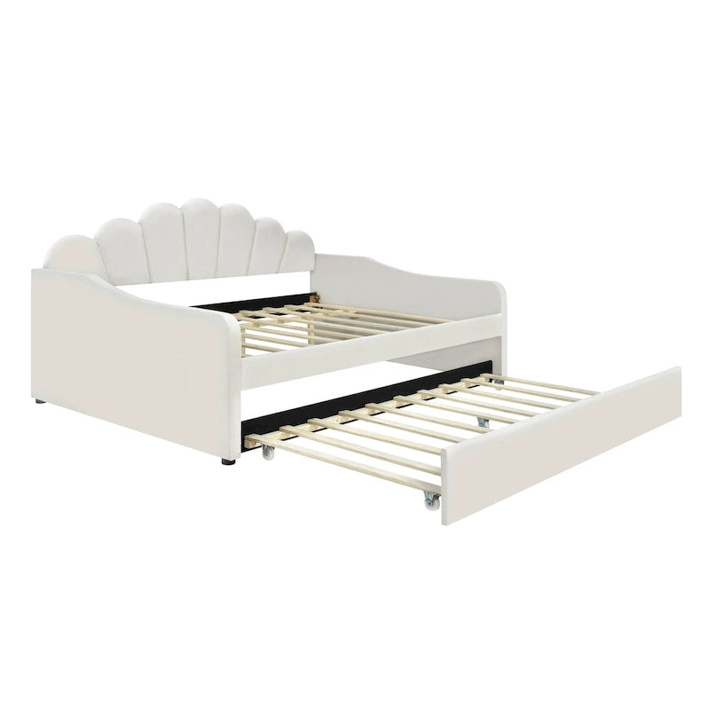 White Full Size Upholstery Daybed with Shall Shaped Backrest and Trundle for Bedroom