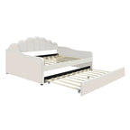 White Full Size Upholstery Daybed with Shall Shaped Backrest and Trundle for Bedroom