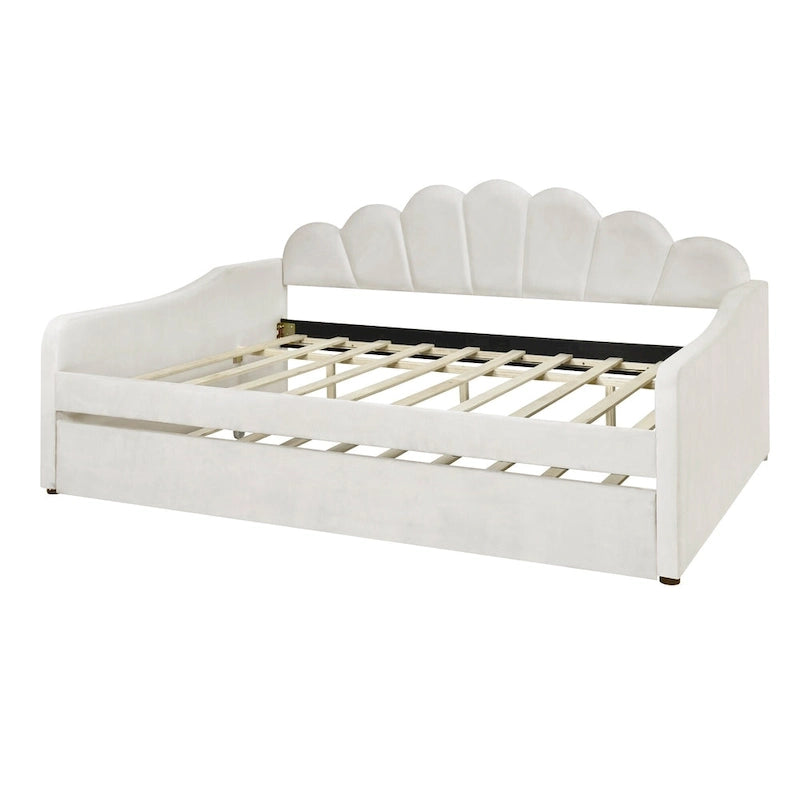 White Full Size Upholstery Daybed with Shall Shaped Backrest and Trundle for Bedroom