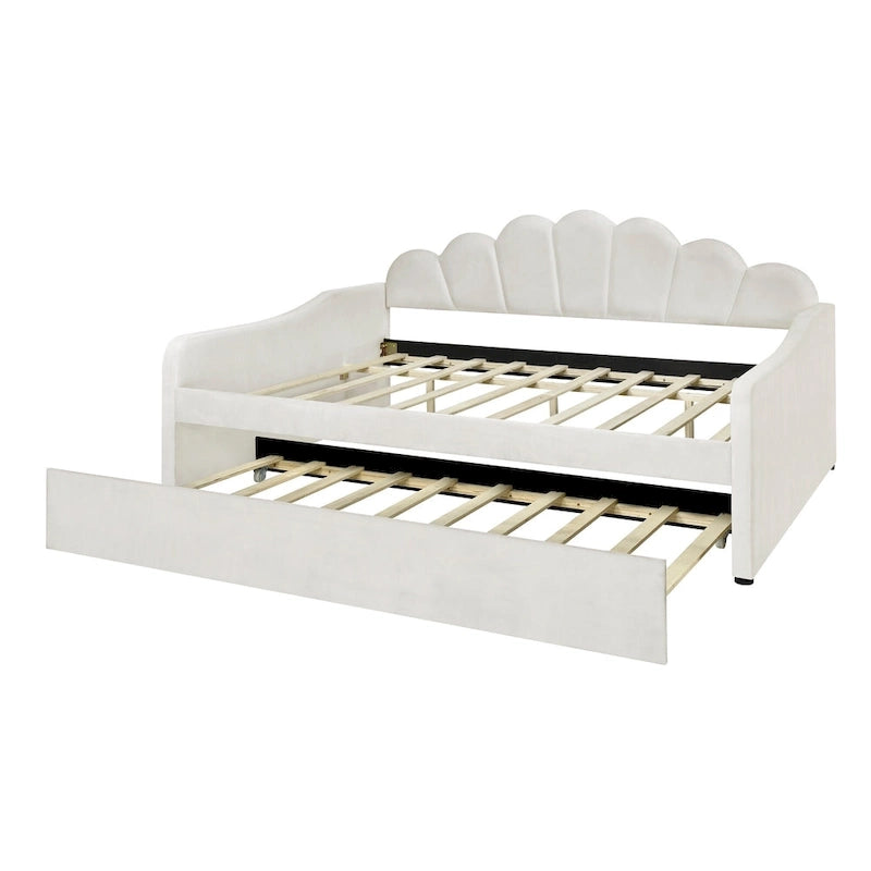 White Full Size Upholstery Daybed with Shall Shaped Backrest and Trundle for Bedroom