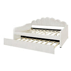 White Full Size Upholstery Daybed with Shall Shaped Backrest and Trundle for Bedroom