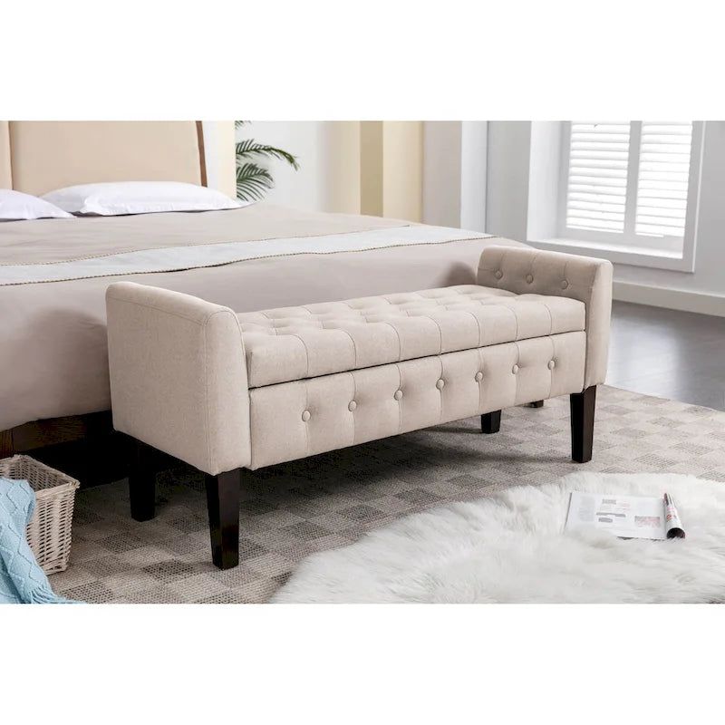 Inari Fabric Flip Top Storage Ottoman Bench with Rubberwood Legs