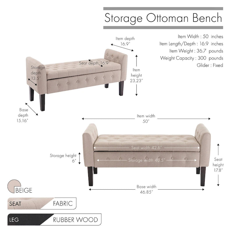 Inari Fabric Flip Top Storage Ottoman Bench with Rubberwood Legs