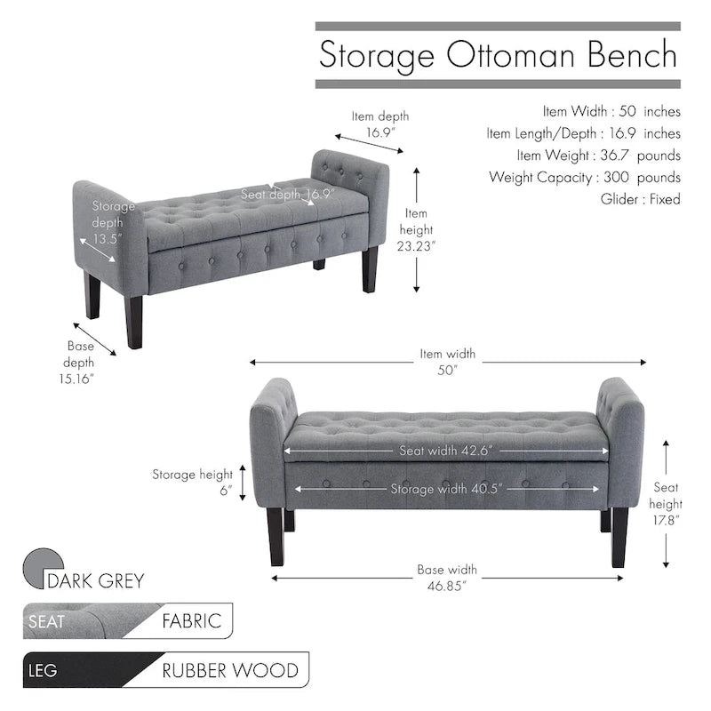Inari Fabric Flip Top Storage Ottoman Bench with Rubberwood Legs