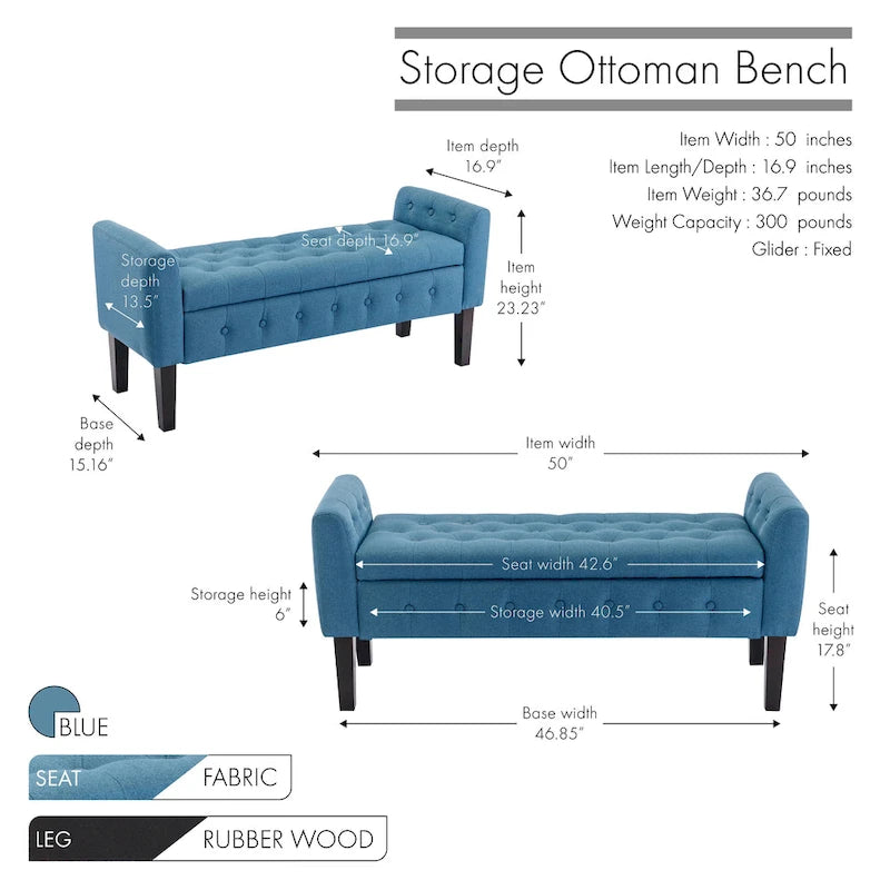 Inari Fabric Flip Top Storage Ottoman Bench with Rubberwood Legs