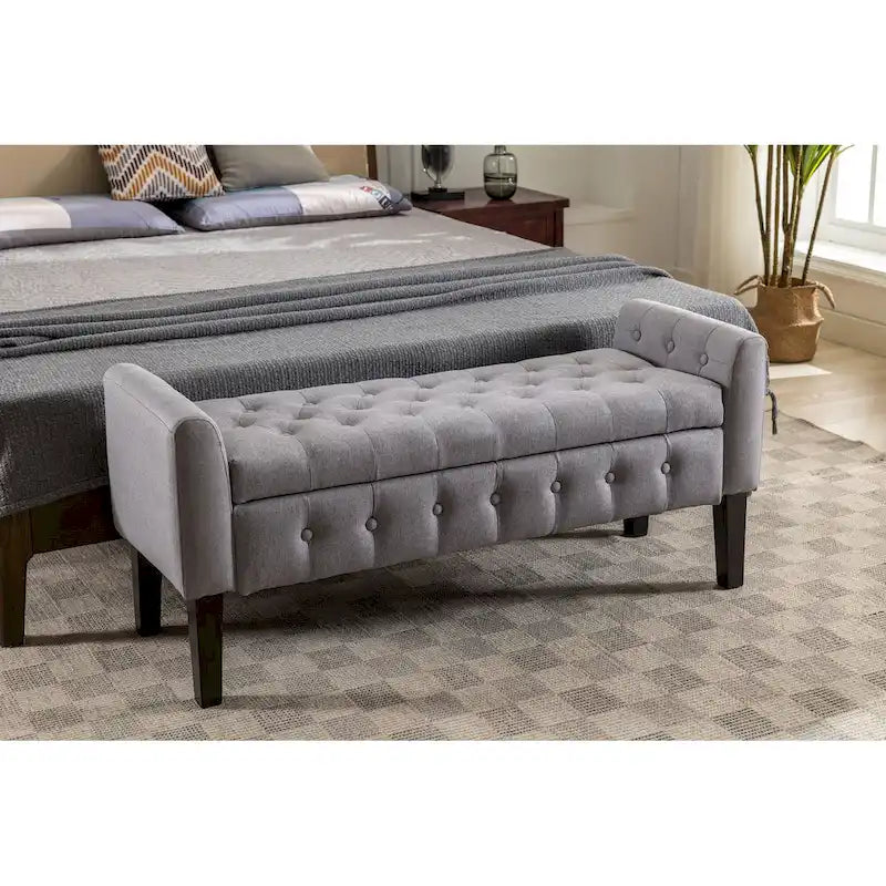 Inari Fabric Flip Top Storage Ottoman Bench with Rubberwood Legs