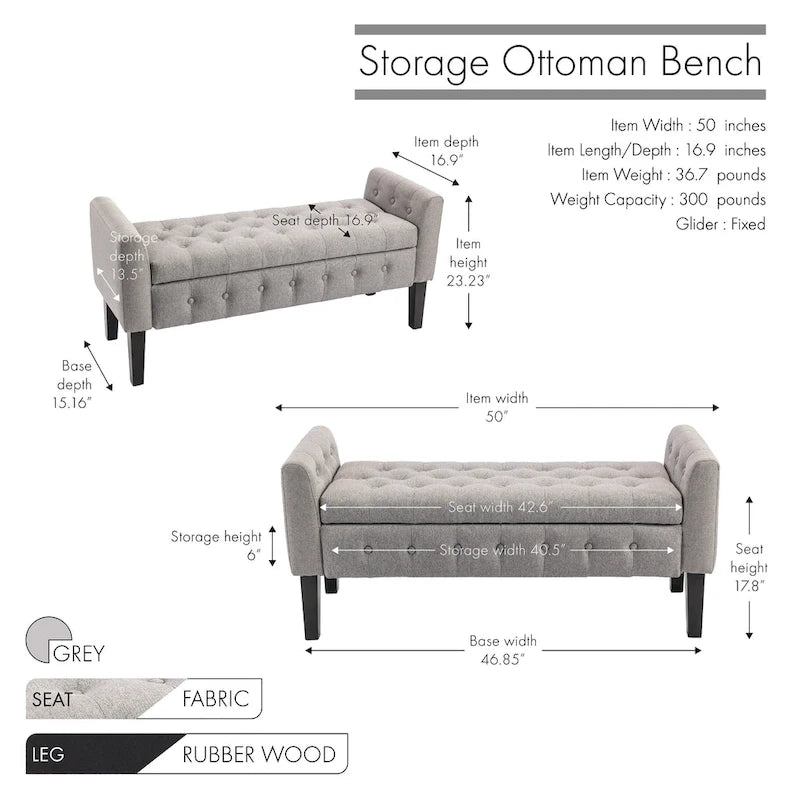 Inari Fabric Flip Top Storage Ottoman Bench with Rubberwood Legs