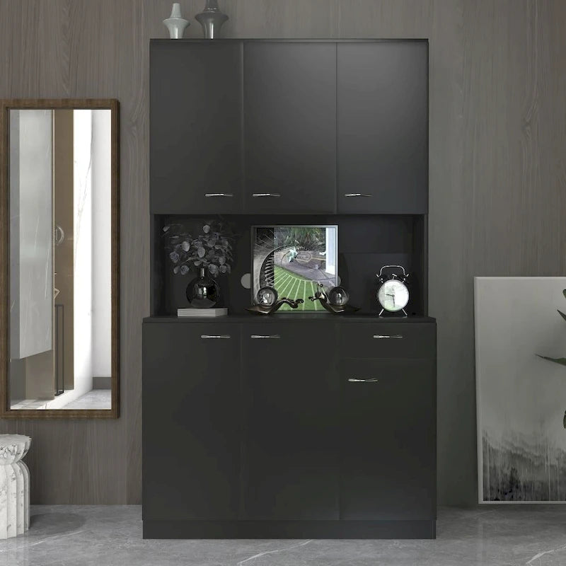 70.87 Tall Wardrobe& Kitchen Cabinet, with 6-Doors, 1-Open Shelves and 1-Drawer for bedroom,Walnut