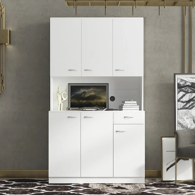 70.87 Tall Wardrobe& Kitchen Cabinet, with 6-Doors, 1-Open Shelves and 1-Drawer for bedroom,Walnut