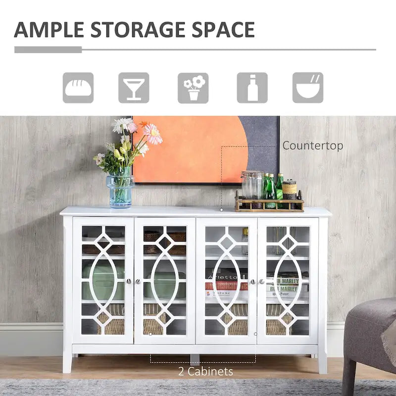 HOMCOM Wood Accent Sideboard Buffet Serving Storage Cabinet with 4 Framed Glass Doors, Adjustable Shelves - 54W x 15.5D x 32H