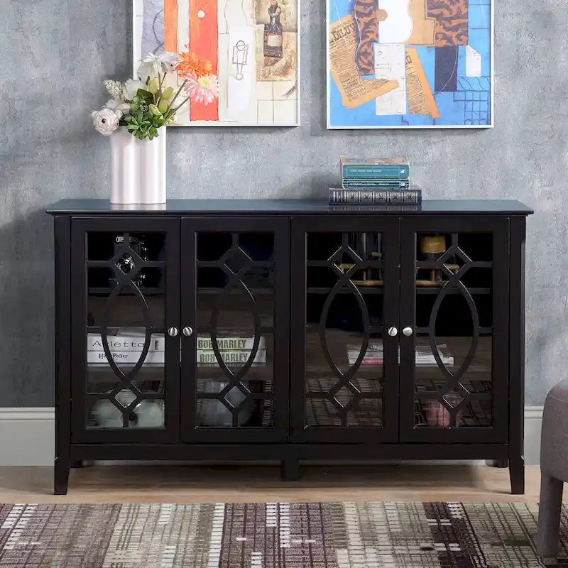 HOMCOM Wood Accent Sideboard Buffet Serving Storage Cabinet with 4 Framed Glass Doors, Adjustable Shelves - 54W x 15.5D x 32H