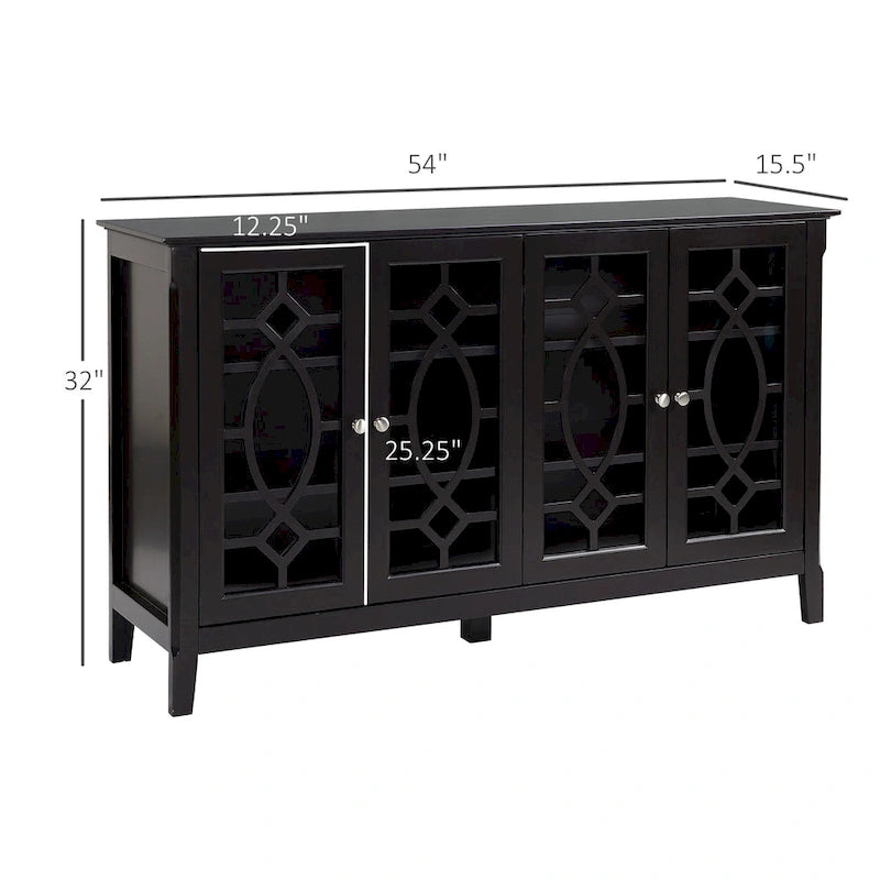 HOMCOM Wood Accent Sideboard Buffet Serving Storage Cabinet with 4 Framed Glass Doors, Adjustable Shelves - 54W x 15.5D x 32H