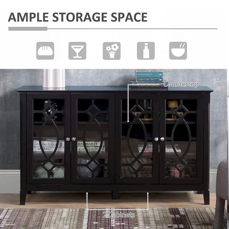 HOMCOM Wood Accent Sideboard Buffet Serving Storage Cabinet with 4 Framed Glass Doors, Adjustable Shelves - 54W x 15.5D x 32H