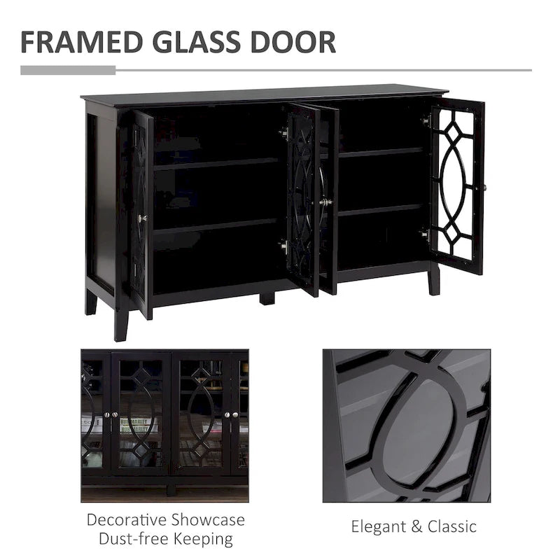 HOMCOM Wood Accent Sideboard Buffet Serving Storage Cabinet with 4 Framed Glass Doors, Adjustable Shelves - 54W x 15.5D x 32H