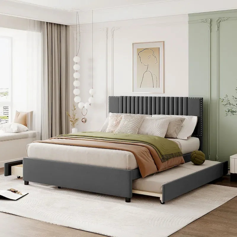 Upholstered Platform Bed with 2 Drawers and 1 Twin XL Trundle