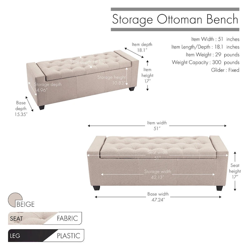 Iara Fabric Upholstered Flip Top Storage Ottoman Bench