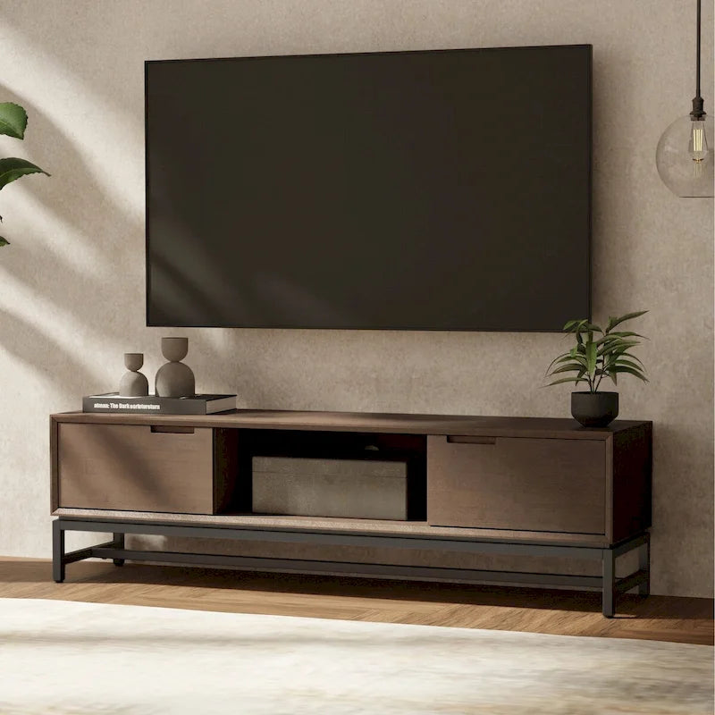 Devlin SOLID HARDWOOD 72 inch Wide Modern Industrial TV Media Stand in Walnut Brown For TVs up to 80 inches