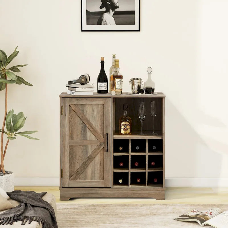 Barn Door Buffet Bar Cabinet with Wine Rack Sideboard Cabinet