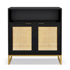 Anmytek Modern 2-Door Black Buffet Sideboard Table Rattan Kitchen Storage Cabinet with Open Shelf - 31.5 W x 15.7 D x 31.9 H