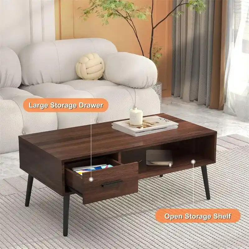 Mid Century Modern Style Cocktail Table TV Stand with Drawer - 41.3D x 21.7W x 17.7H
