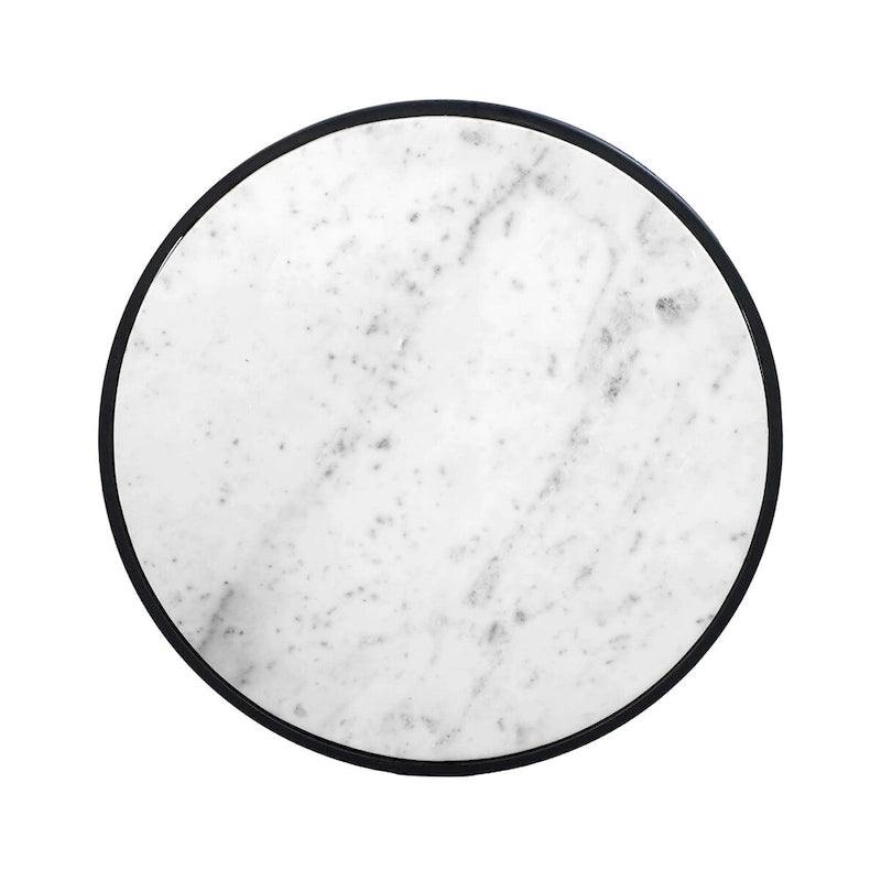 23 Inch Side End Table, Modern Round White Natural Marble Top, Classic Black Iron Frame