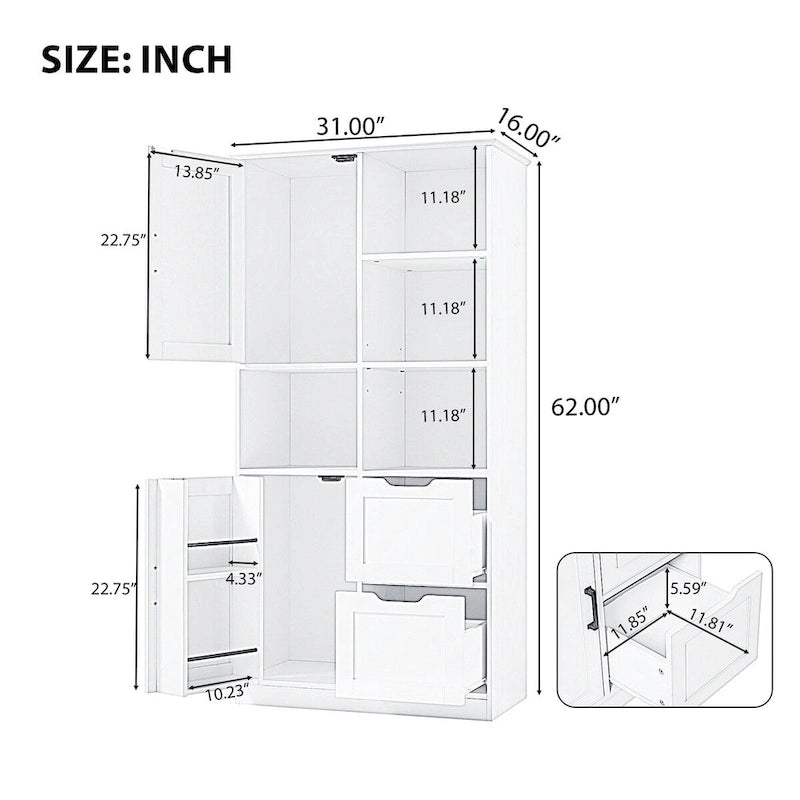 31 in. W x 16 in. D x 62 in. H White Linen Cabinet with Open Shelves and Drawers