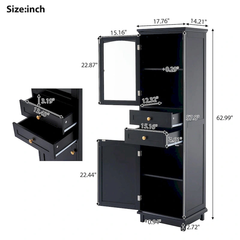 Tall Bathroom Storage Cabinet with Glass Doors